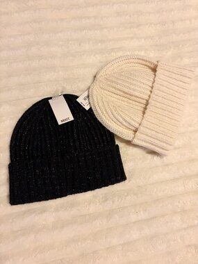 MIXIT Metallic Knit Beanie Hat Bundle Black Cream NWT